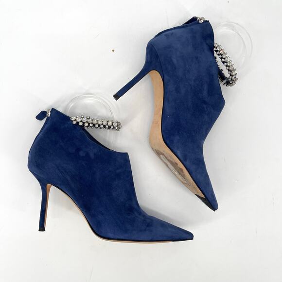 Jimmy Choo Blaize 100 Navy Blue Suede Ankle Bootie Crystal Strap size IT 37 - Picture 3 of 12
